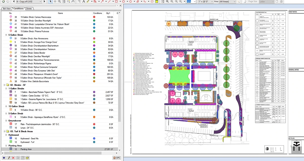 Landscape plan annotated with measured areas and quantities