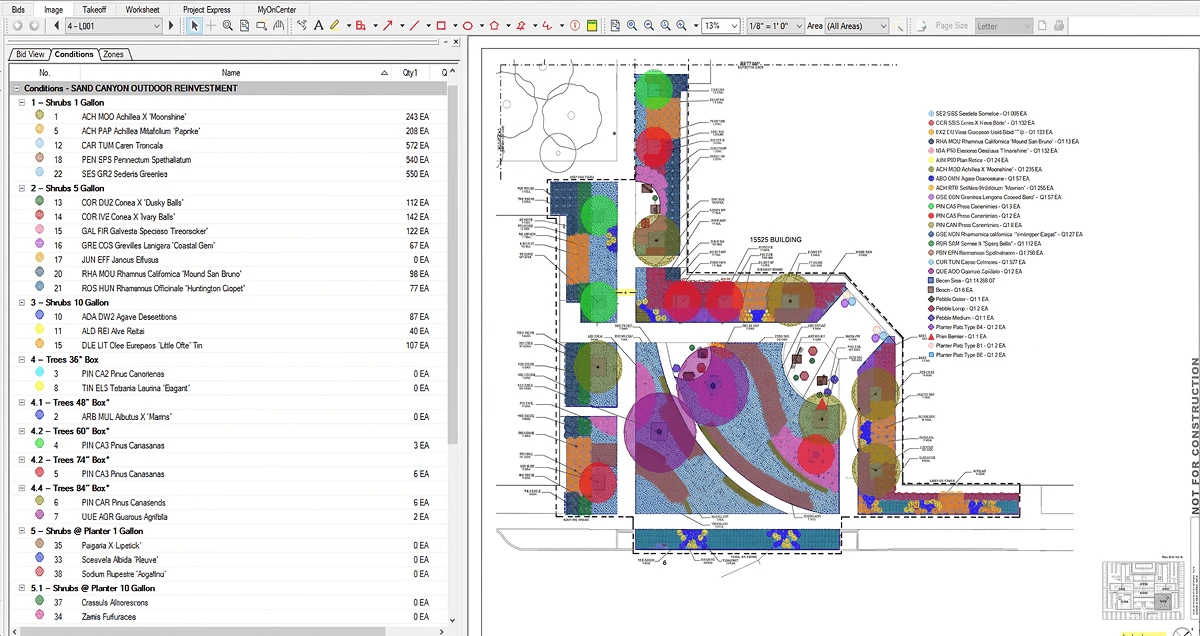 Site landscape takeoff drawing with quantity markups