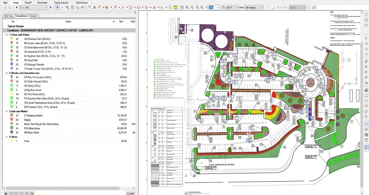 Landscape construction plan showing measured site areas