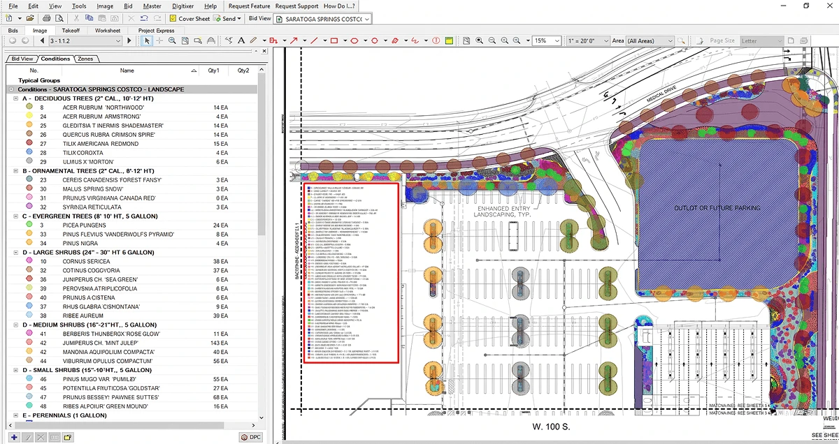 Marked-up landscape drawing with itemized takeoff quantities