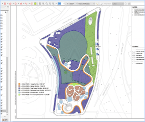 Landscape plan with colored sitework quantity takeoff markups