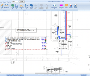 Plumbing plan showing marked-up fixture and pipe takeoff details